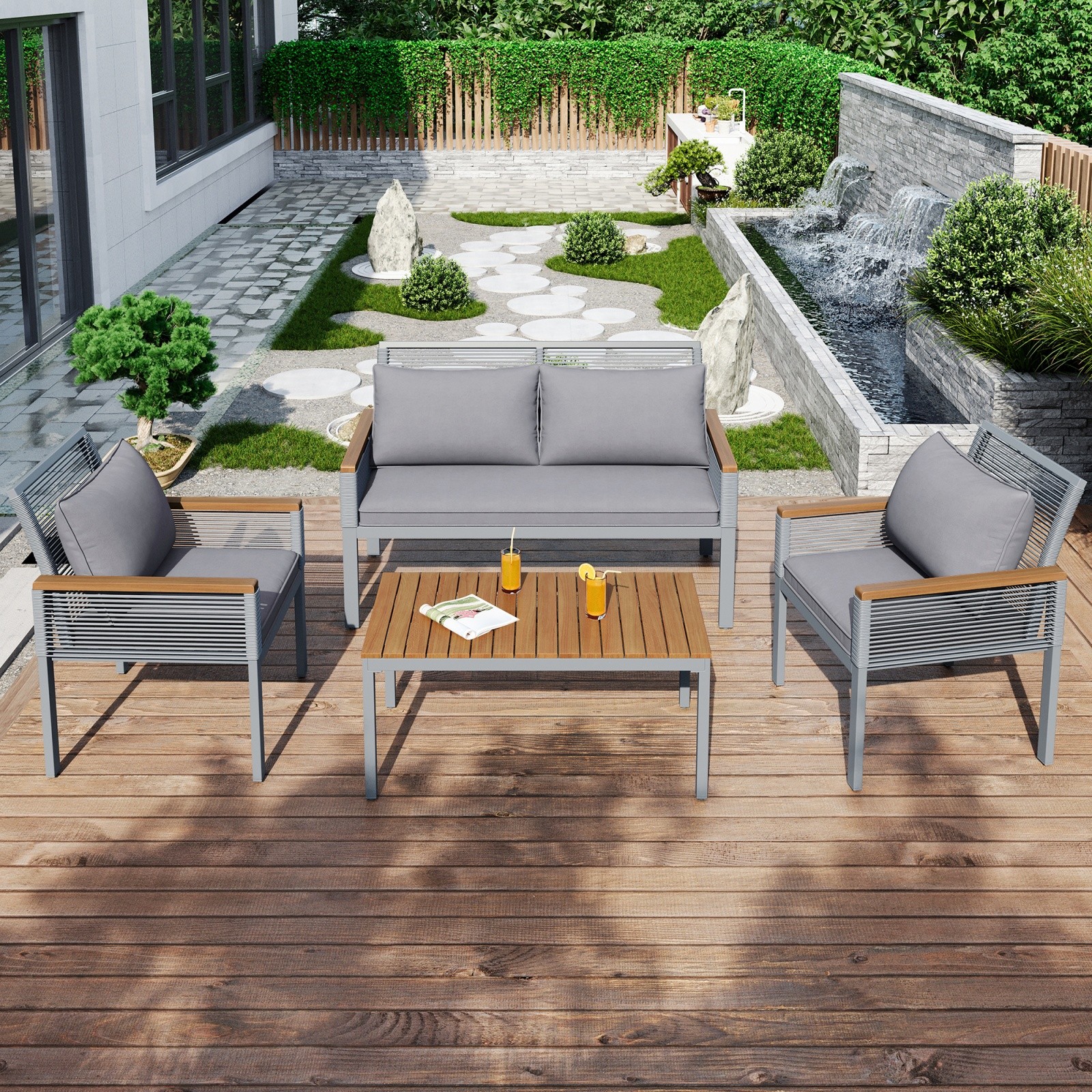 Garden Furniture Set 4 Seater Sofa 2 Armchairs Coffee Table Outdoor Patio Grey
