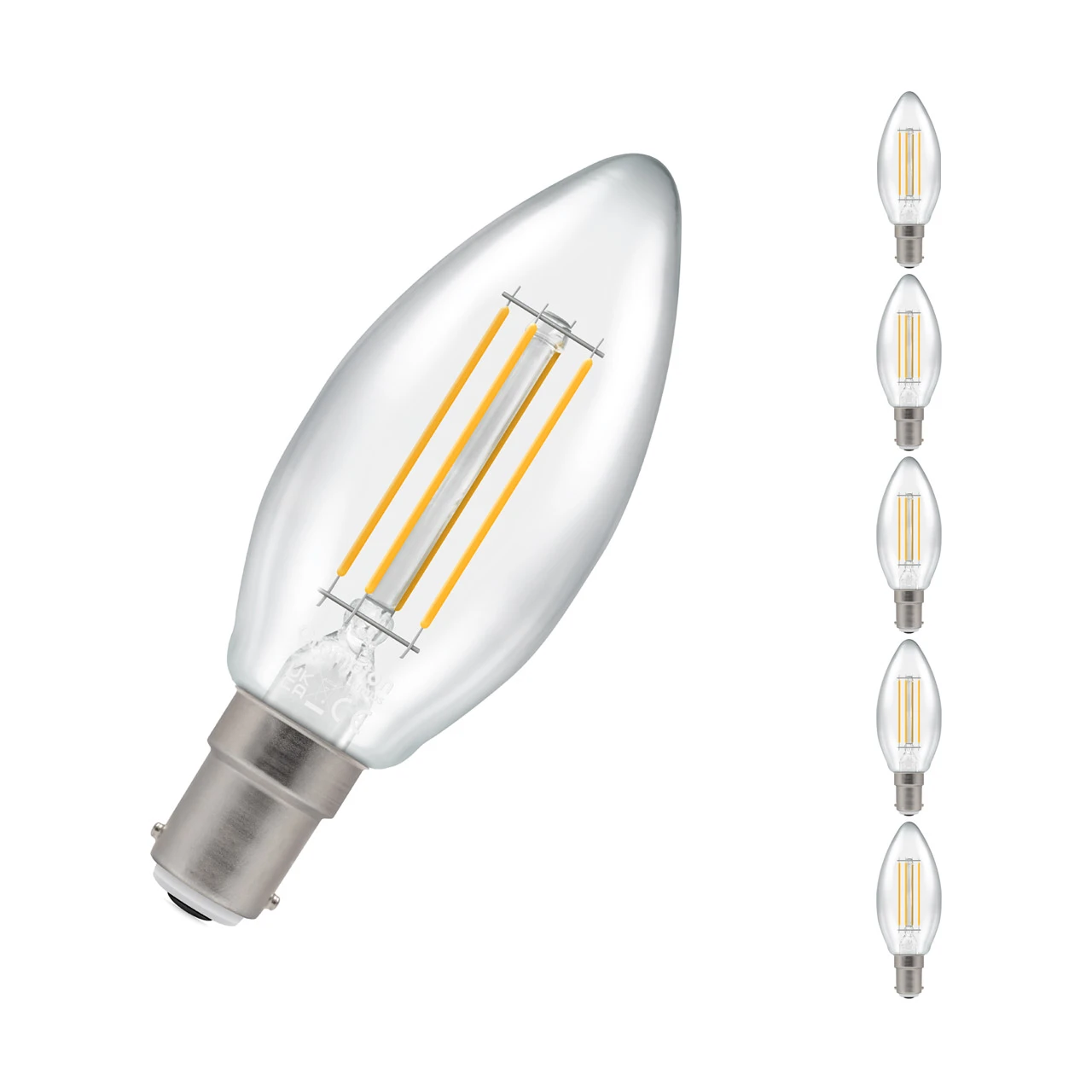 Crompton Lamps 5-Pack Crompton Candle LED Light Bulbs B15 4.2W (40W Eqv) Dim Warm White Clear Filament Small Bayonet