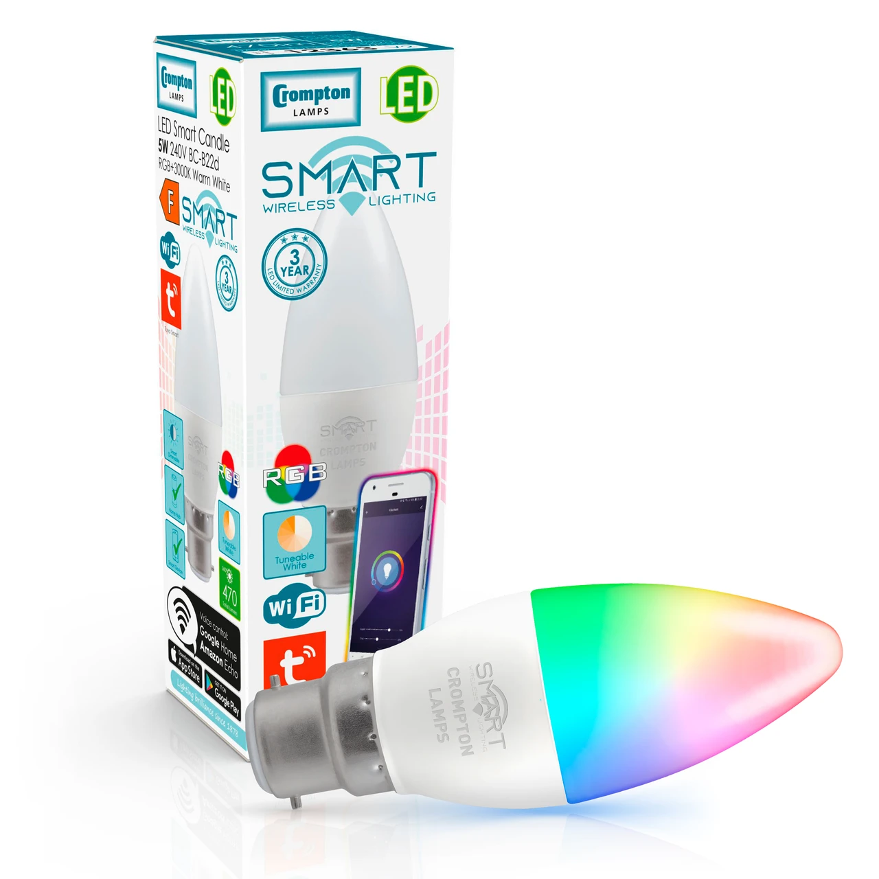 Crompton Lamps Crompton Candle LED Smart WiFi Light Bulb B22 5W Dim Warm White + RGB Opal Bayonet Coloured TUYA Colour Changing