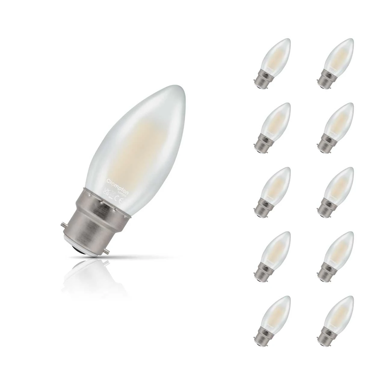 Crompton Lamps 10-Pack Crompton Candle LED Light Bulbs B22 4.2W (40W Eqv) Dim Warm White Pearl Filament Bayonet Frosted