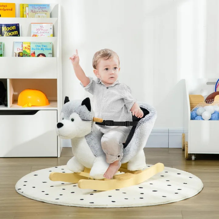 Baby Rocking Horse, Husky-Designed Plush Rocking Animal, with Sounds, Seatbelt, for Ages 18-36 Months