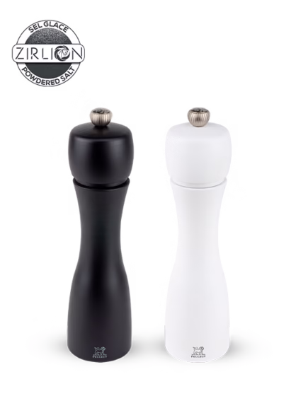 Peugeot This set of contrasting salt and pepper mills offers significant polish, performance and practicality. The Tahiti model is a design classic but the monochrome colours ensure these salt and pepper mills fit into any contemporary kitchen. Tahiti