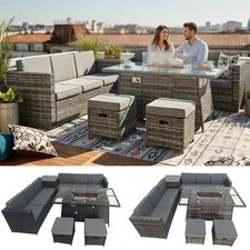 BIRCHTREE Rattan Furniture Set 8-Seater with Fire Pit Table, Side Table & Stool