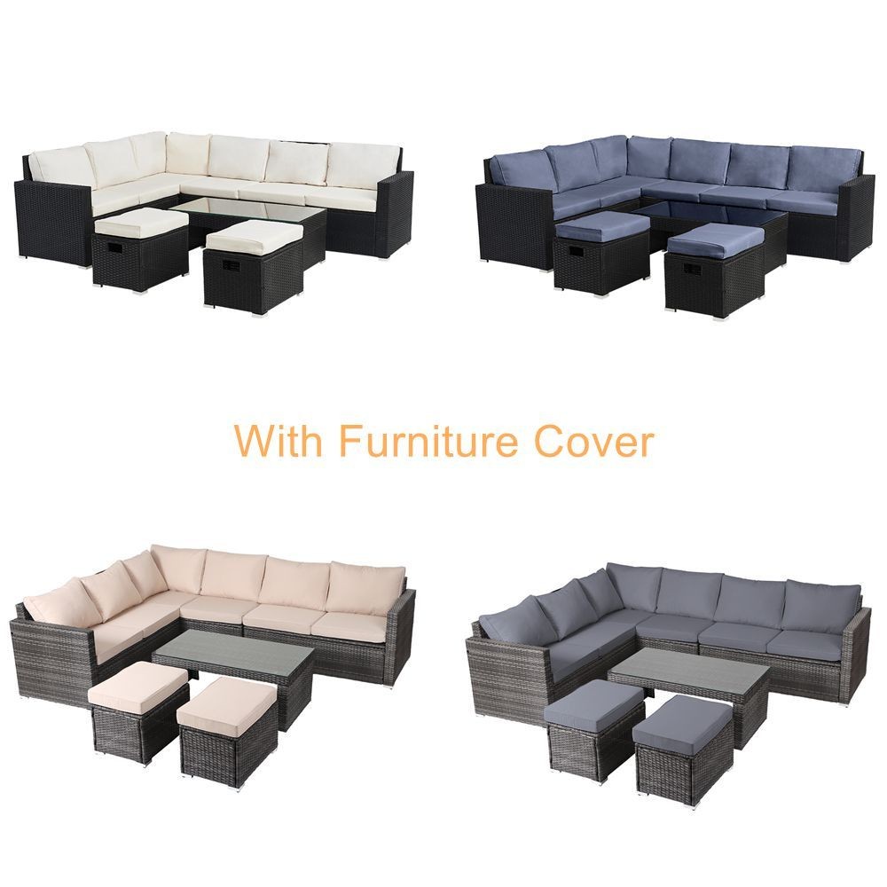 8 Seater Rattan Garden Furniture Set Outdoor Corner Sofa Table Stool with Cover
