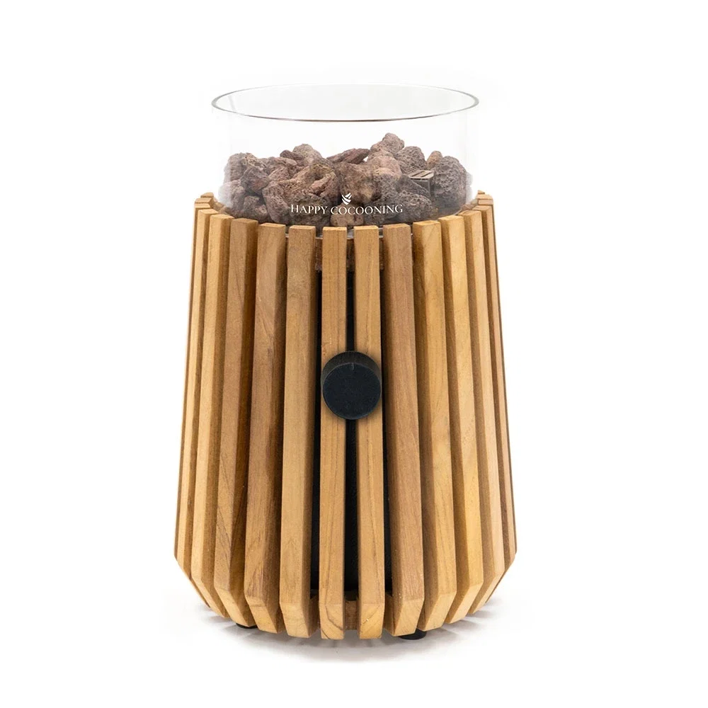 Lumi Lagune Teak Tabletop Gas Fireplace by Happy Cocooning - Solid Teak Slatted Design 1.98 kW - EN417 Compatible