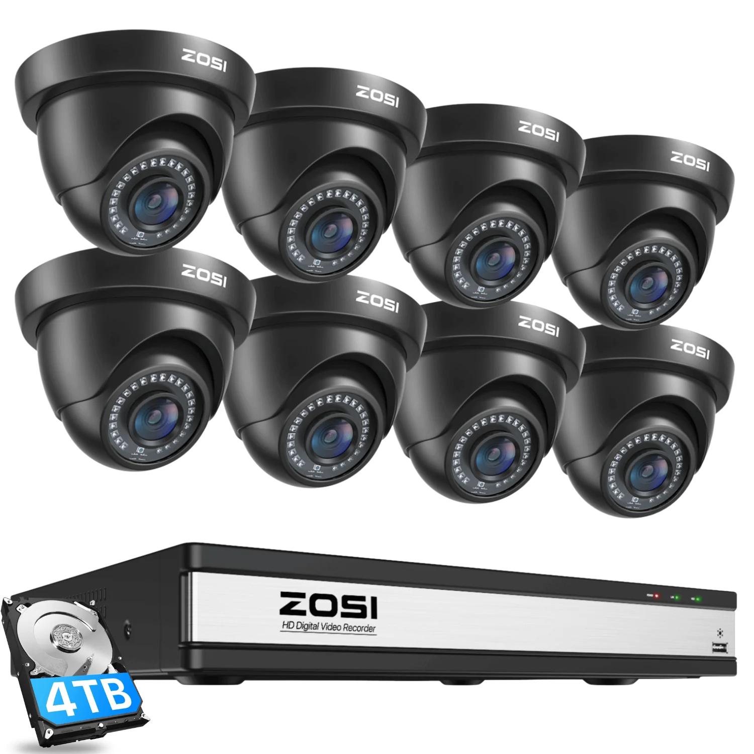 Zosi Official Store C419 1080P HD-TVI Security Camera System + 16 Channel DVR with 2TB/4TB Hard Drive, 2TB / 8 / Black