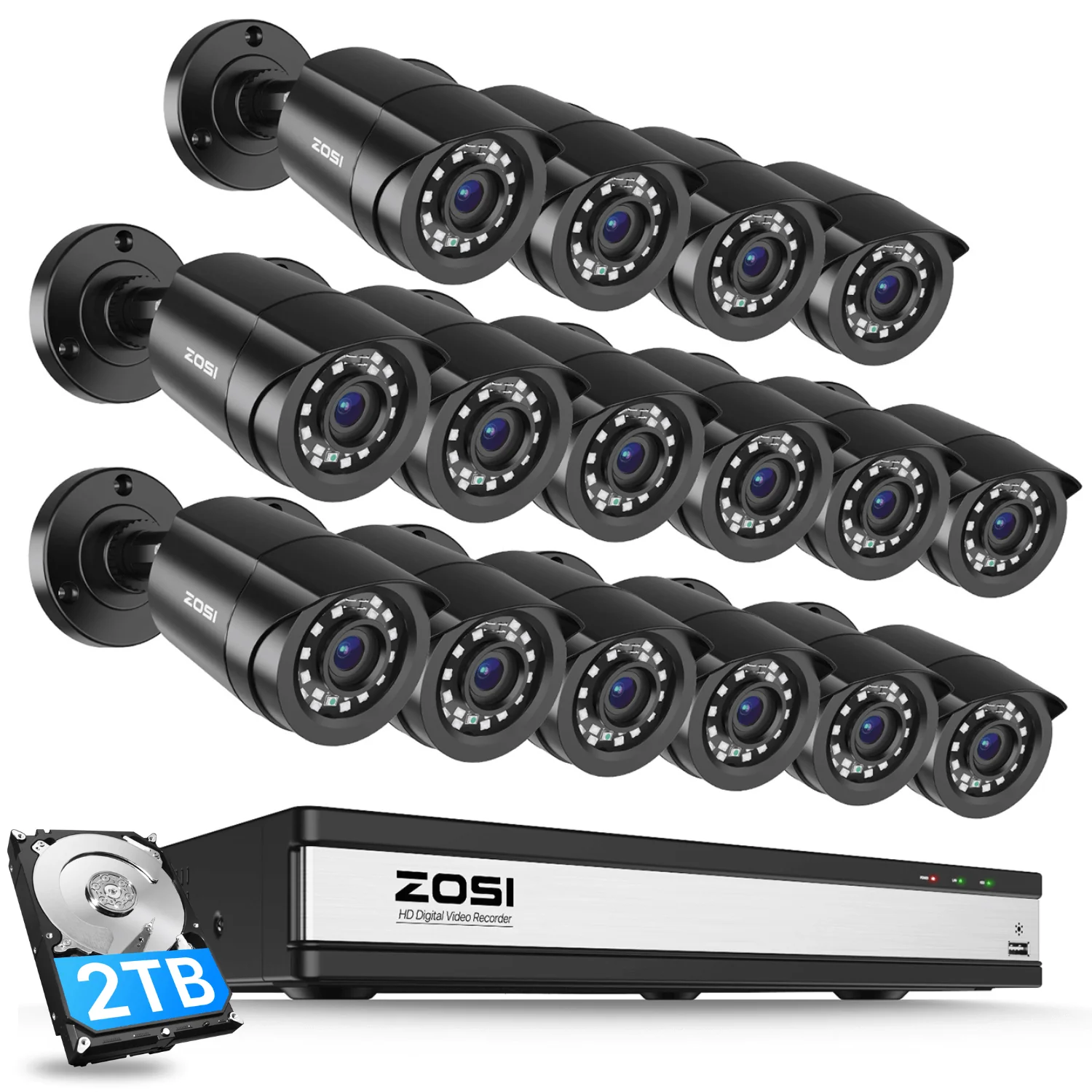 Zosi Official Store C106 1080P HD-TVI Security Camera System + 16 Channel DVR with 2TB/4TB Hard Drive, 2TB / 16 / Black