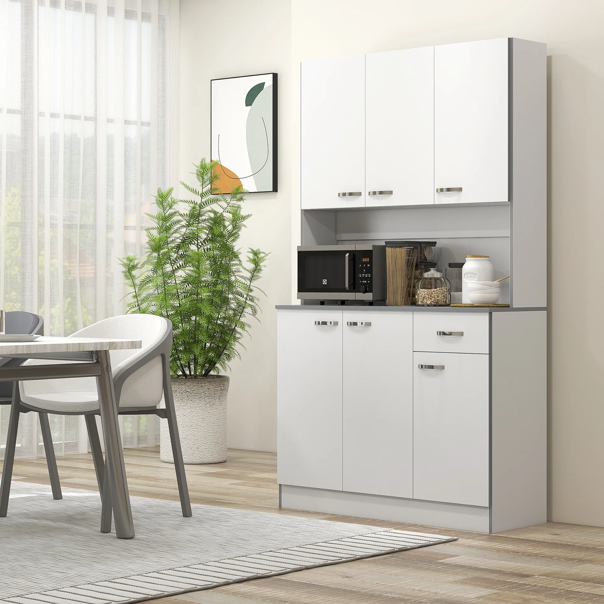 Kitchen Cupboard, Freestanding Kitchen Storage Cabinet with 6 Doors, Drawer, Adjustable Shelves and Open Countertop for Dining Room, White
