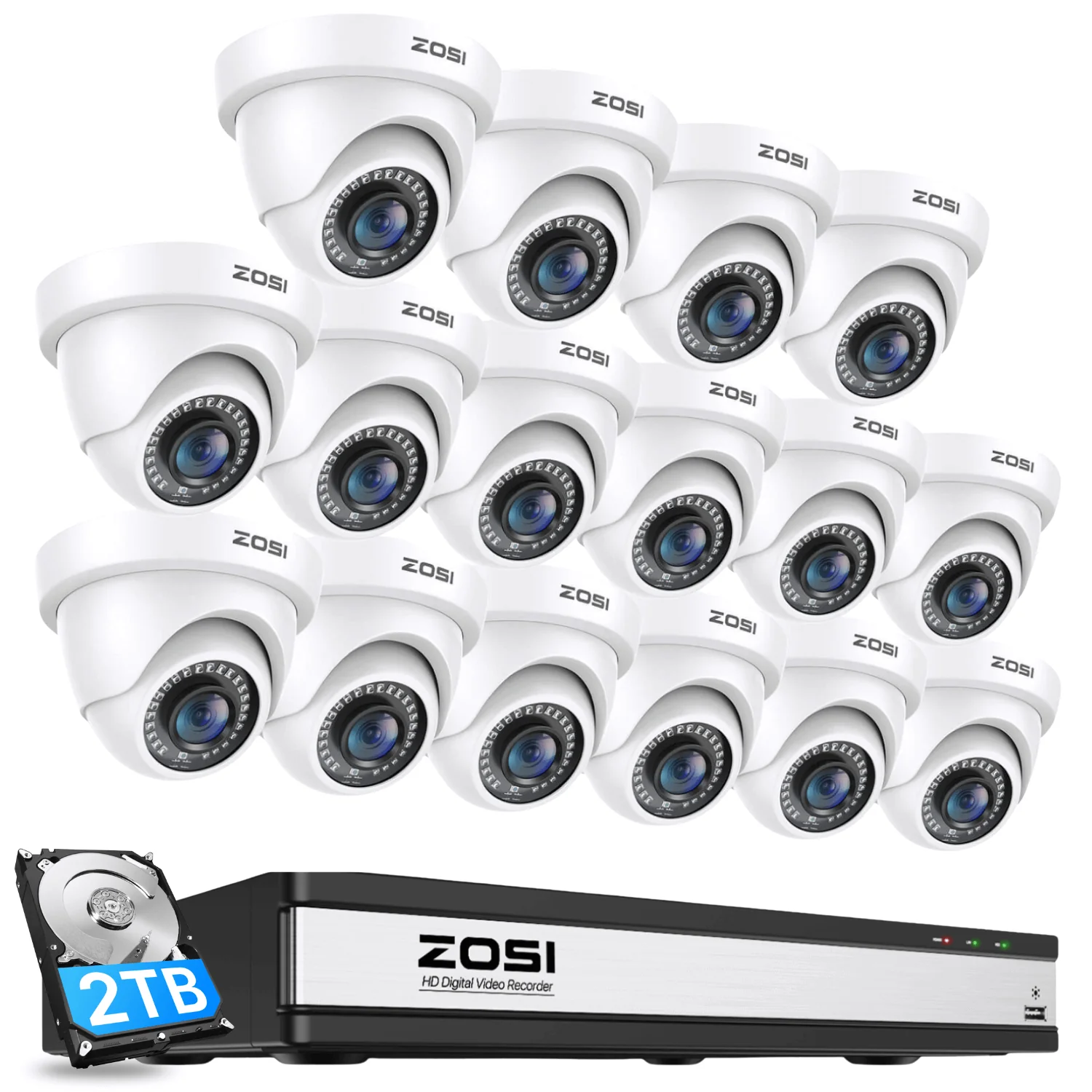 Zosi Official Store C419 1080P HD-TVI Security Camera System + 16 Channel DVR with 2TB/4TB Hard Drive, 2TB / 16 / White