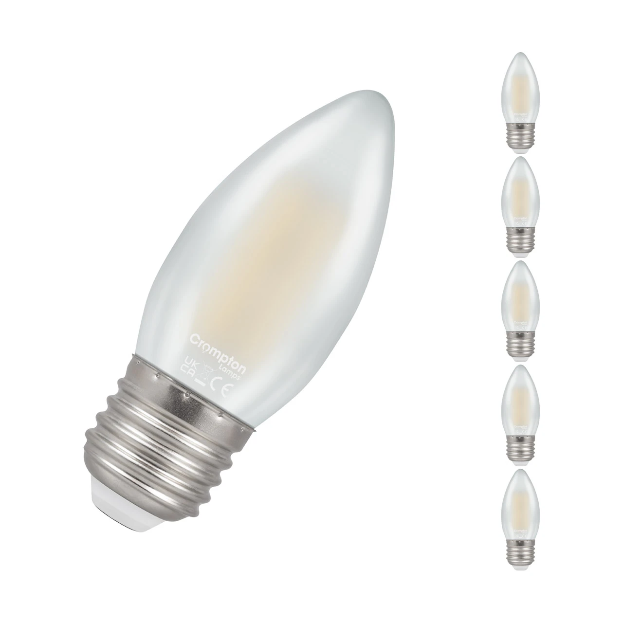 Crompton Lamps 5-Pack Crompton Candle LED Light Bulbs E27 4.2W (40W Eqv) Dim Warm White Pearl Filament Screw Frosted