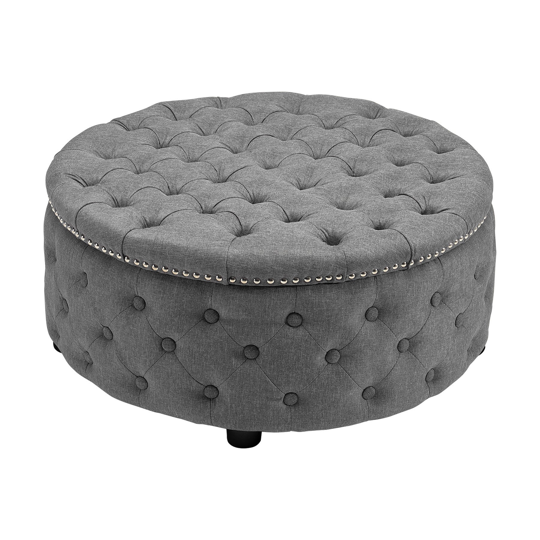Garden Sanctuary Round Linen Deep Buttoned Ottoman with Studded Edge Footstool
