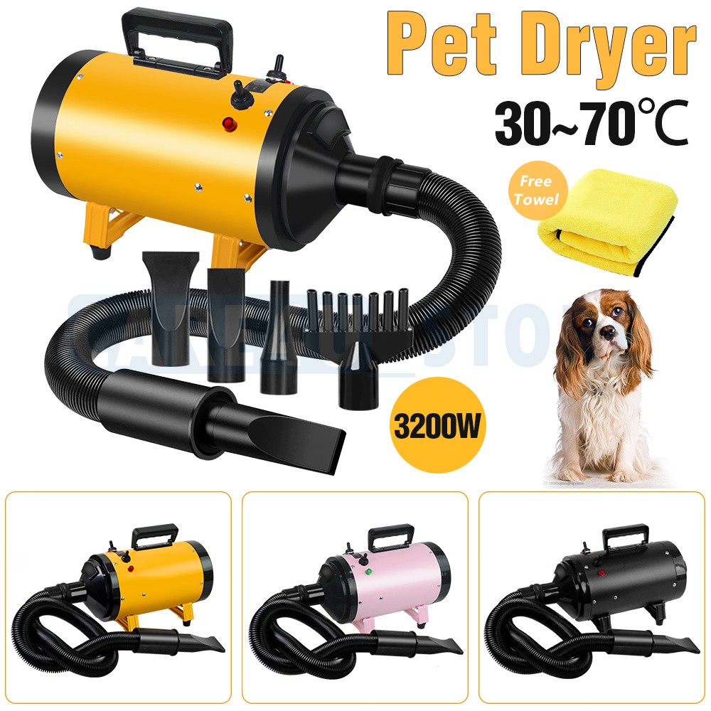 3200W Dog Hair Dryer Blower Adjustable Speed & Temperature 4 Nozzles Grooming