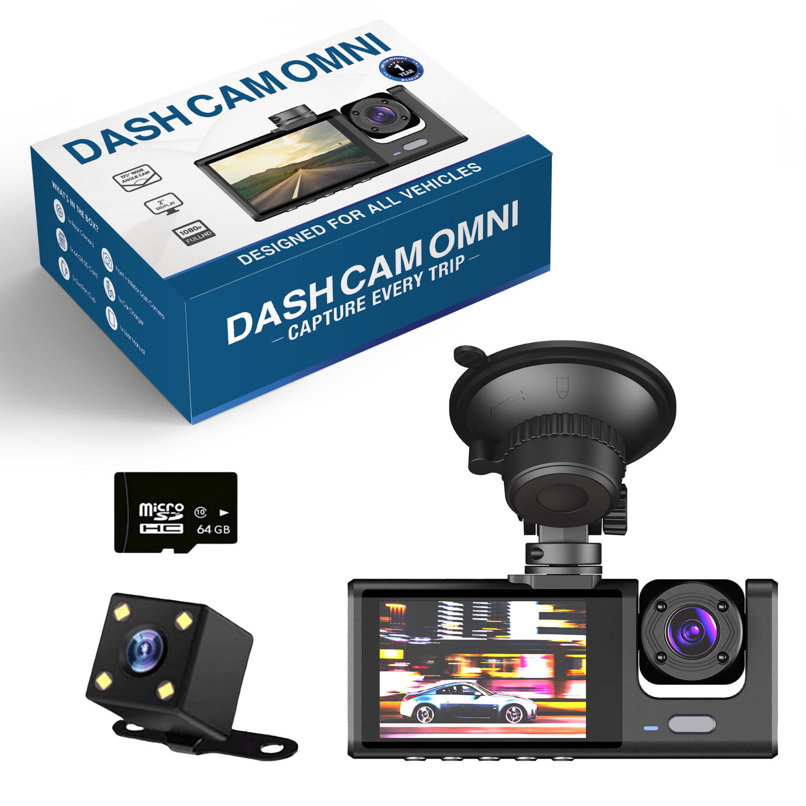 1080P Full HD Dash Cam -Front/Rear/Inside Video Recorder |WIFI & App Control