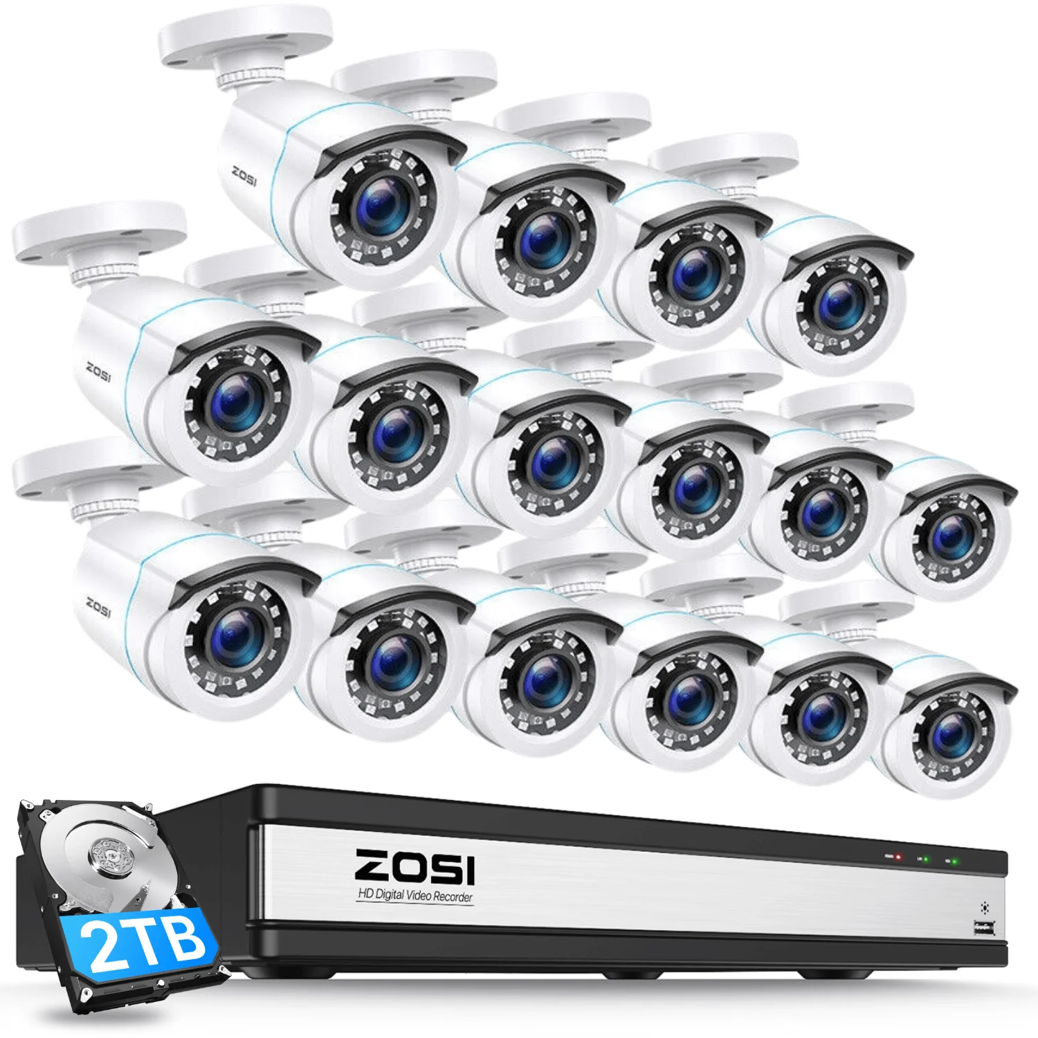Zosi Official Store C106 1080P HD-TVI Security Camera System + 16 Channel DVR with 2TB/4TB Hard Drive, 2TB / 16 / White