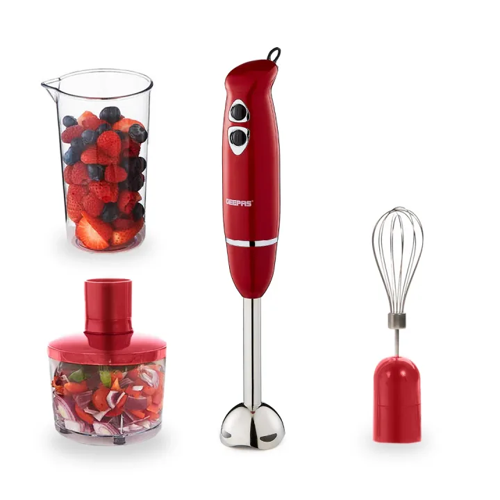 Geepas | For you. For life. 3-In-1 Red Stick Hand Blender, Food Processor and Whisk