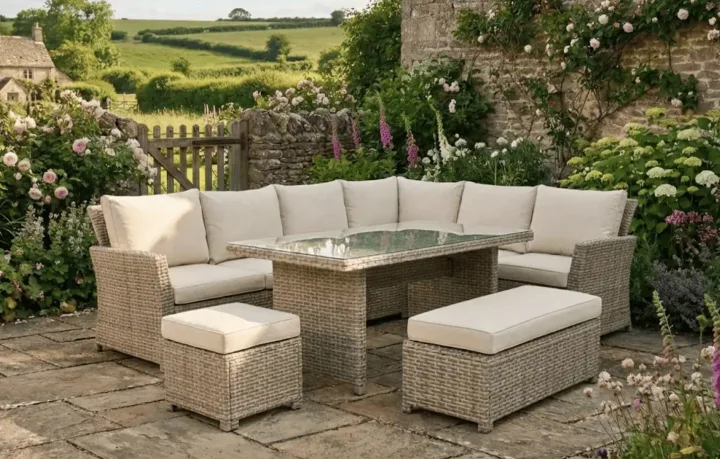 Palma Beige Corner Rattan 9 Seater Garden Dining Lounge Set and Protective Cover Bundle