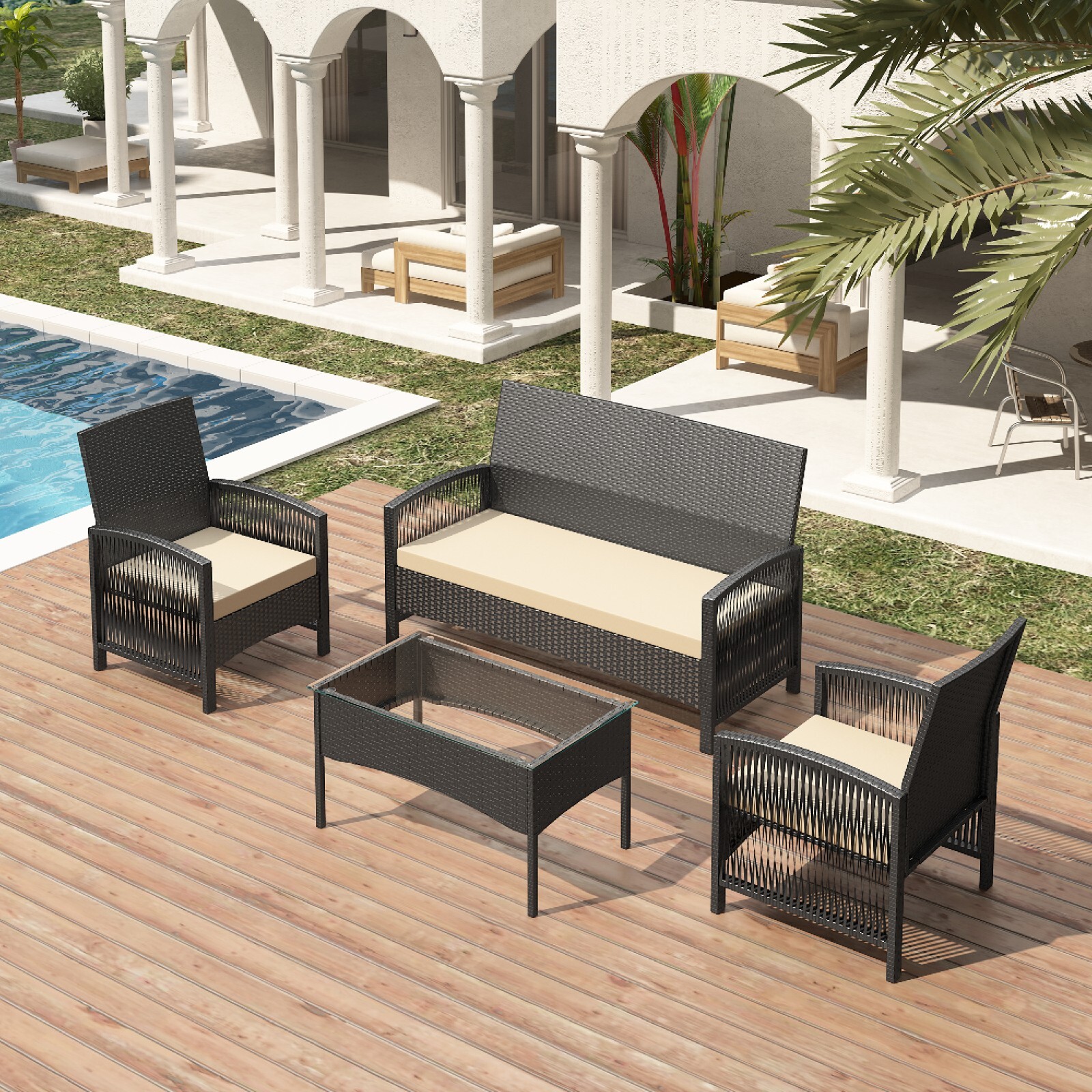 4Pcs Rattan Garden Furniture Sofa Set w/Armchairs, Loveseat Sofa and table-Sofia