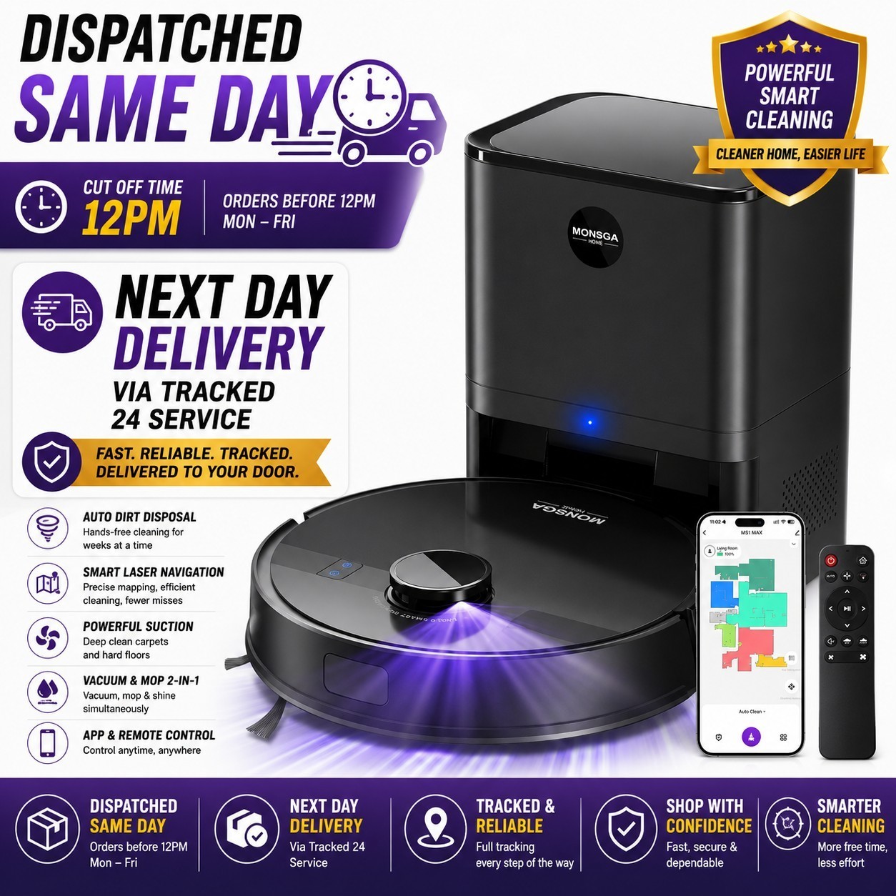 MS1 MAX Robot Vacuum Mop 7000Pa Lidar Navigation Self Empty Alexa Pet Hair UK