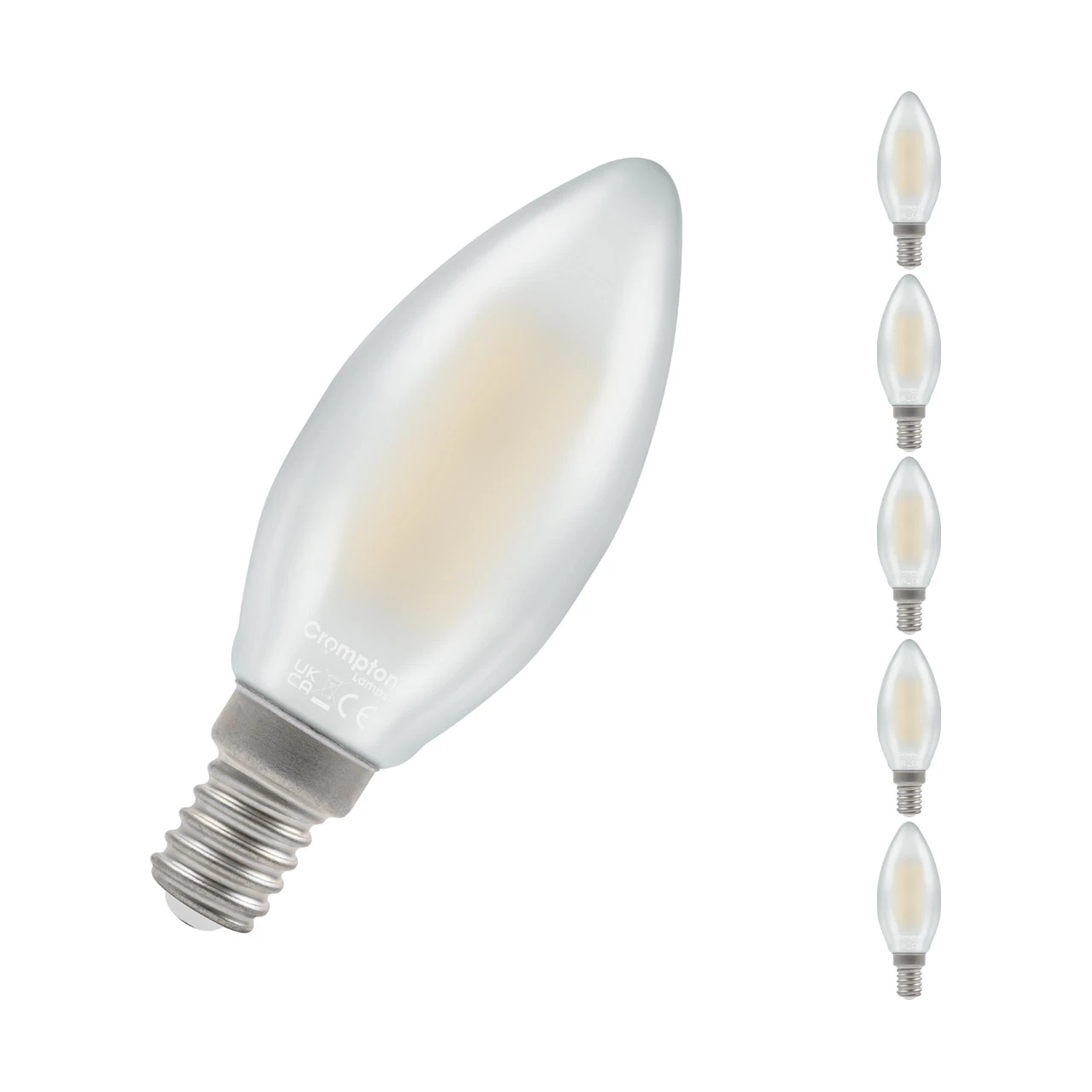 Crompton Lamps 5-Pack Crompton Candle LED Light Bulbs E14 4.2W (40W Eqv) Dim Warm White Pearl Filament Small Screw Frosted