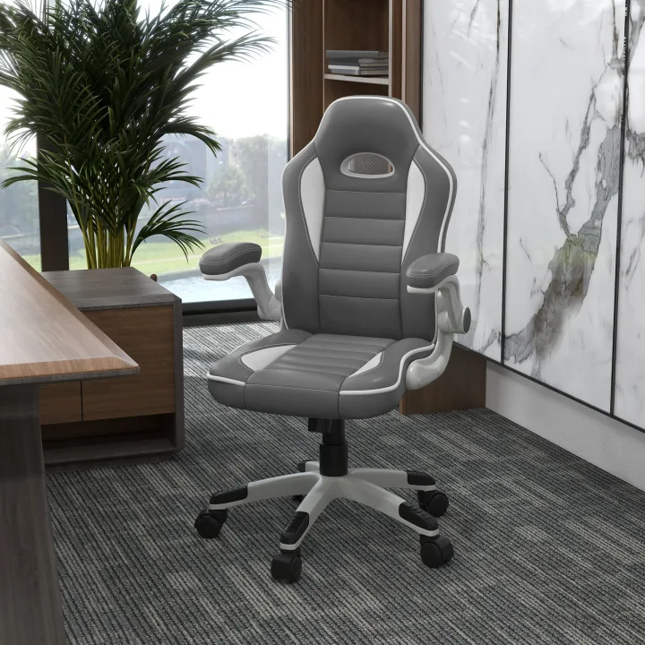 Computer Gaming Chair, Office Desk Swivel Chair, PU Leather Racing Chair with 90° Flip-up Armrest, Adjustable Height and Rolling Wheels