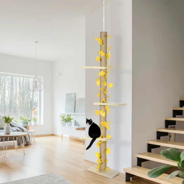 242cm Adjustable Floor-To-Ceiling Cat Tree, with Artificial Decoration, Perches, Anti-Slip Kit