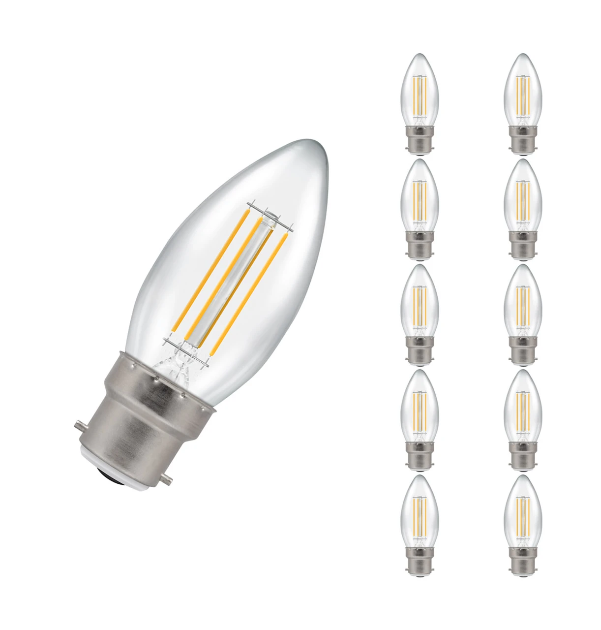 Crompton Lamps 10-Pack Crompton Candle LED Light Bulbs B22 4.2W (40W Eqv) Dim Warm White Clear Filament Bayonet