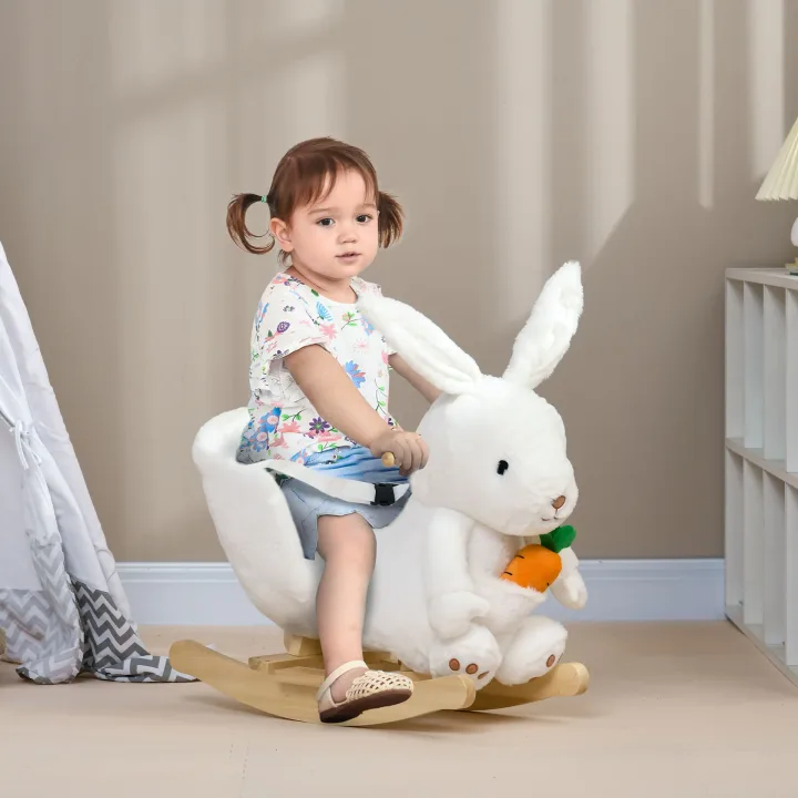 Kids Rabbit-Shaped Rocking Horse, with Safety Belt, Realistic Sounds, for Ages 18-36 Months