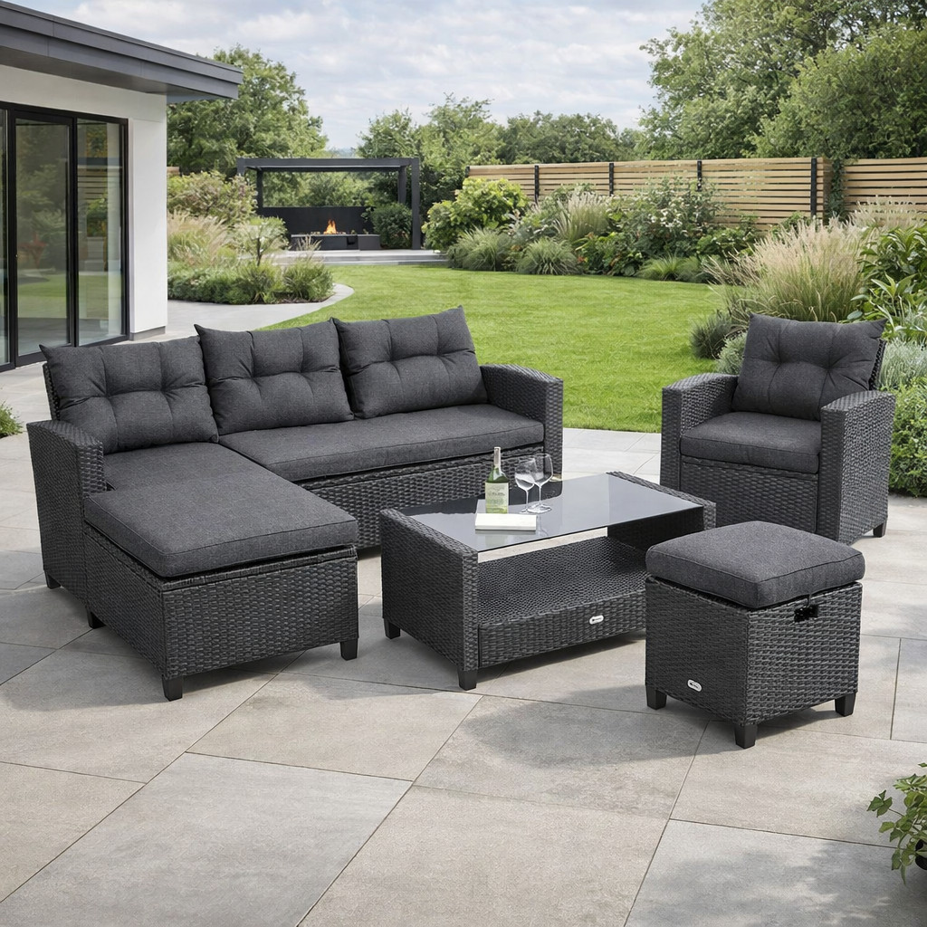 Garden Furniture Set Cambridge Rattan Corner Sofa Table Cushions Grey UK Stock