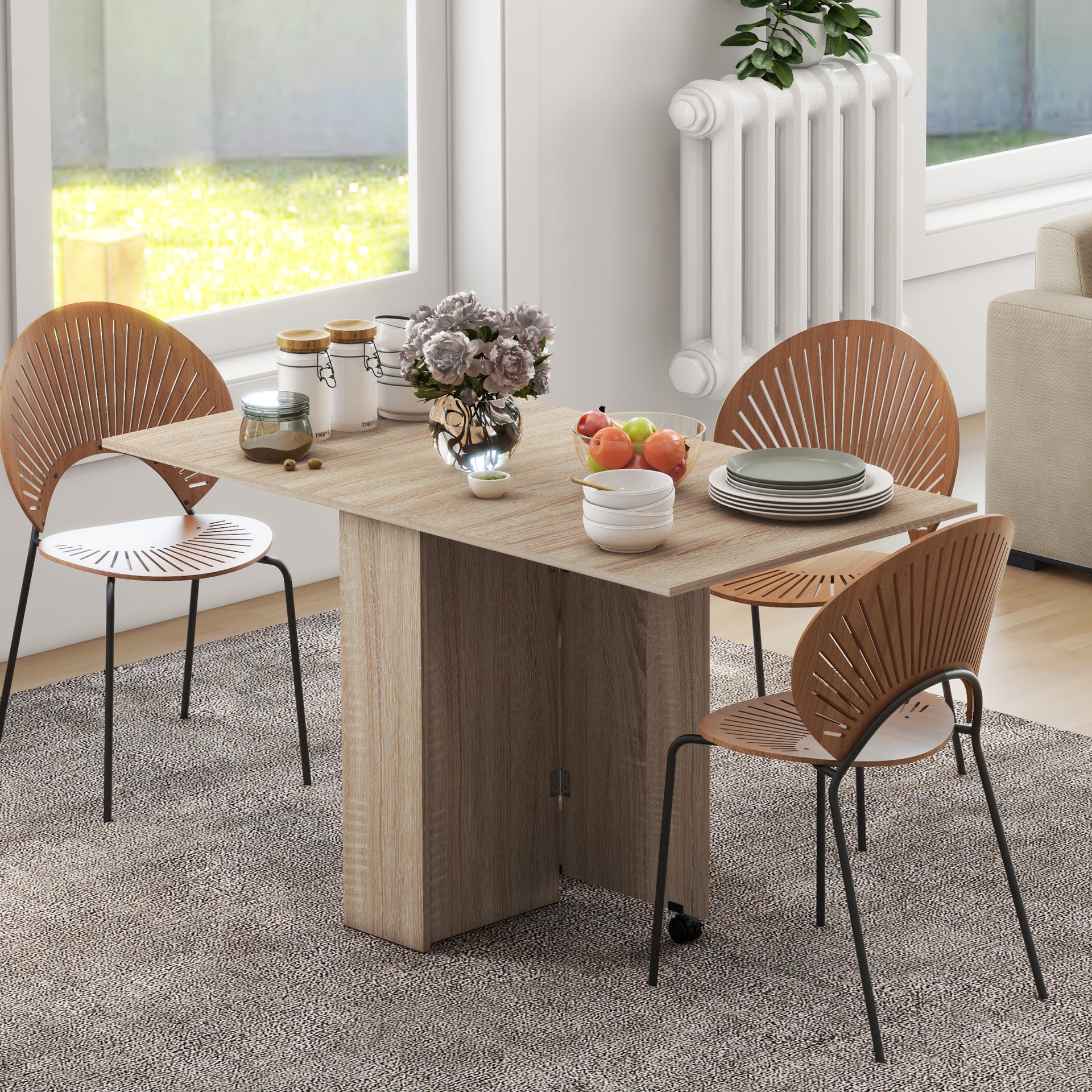 Folding Dining Table, Drop Leaf Table for Small Spaces with 2-tier Shelves, Small Kitchen Table with Rolling Casters, Natural