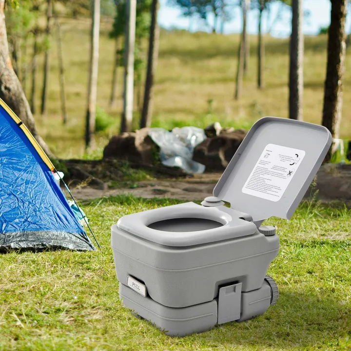 10L Portable Toilet for Adults, Outdoor Camping Toilet with 2 Detachable Tanks & Push-button Operation, Compact Outdoor Travel Potty Loo with Lid, Seat for Fishing, Hiking, Picnic