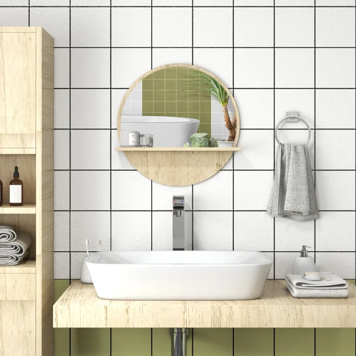 45cm Round Home Mirror, with Shelf - Natural Wood Effect
