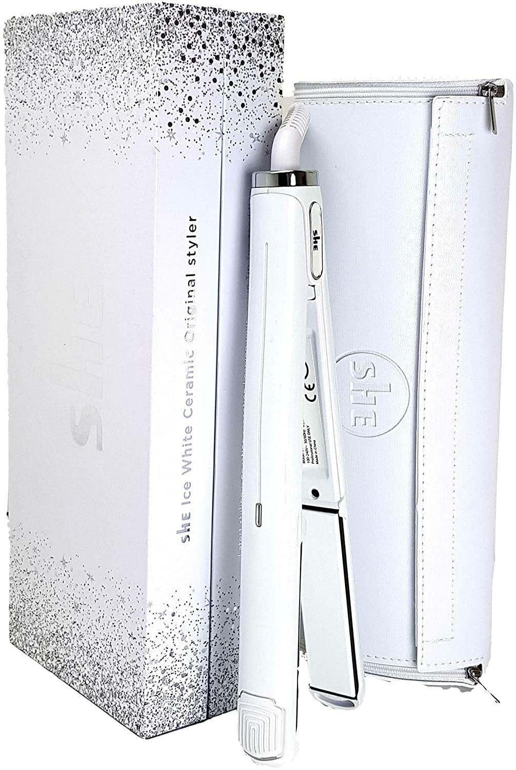 SHE CERAMIC ICE WHITE ORIGINAL HAIR STRAIGHTENER & HEAT RESISTANT ROLL BAG 2025