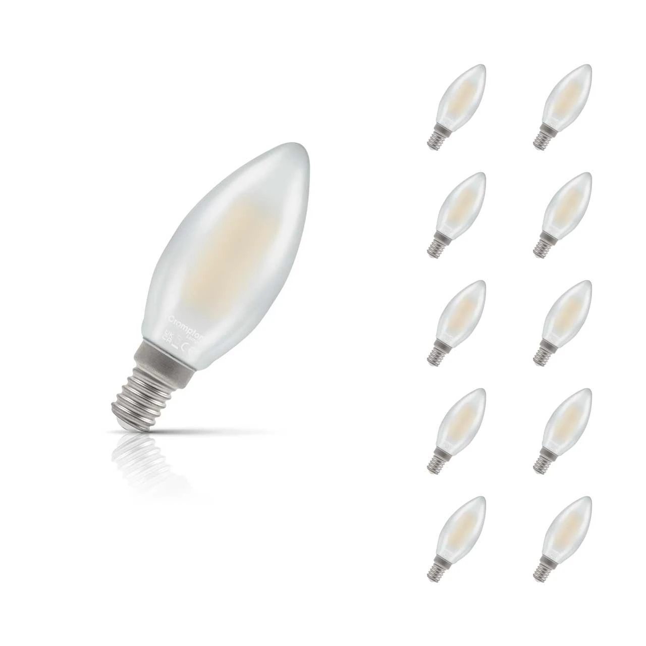 Crompton Lamps 10-Pack Crompton Candle LED Light Bulbs E14 4.2W (40W Eqv) Dim Warm White Pearl Filament Small Screw Frosted