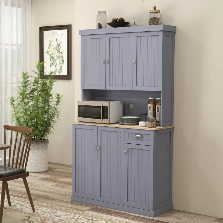 180cm Freestanding Kitchen Cabinet, Modern Storage Cupboard with Open Countertop, Drawer and 6 Doors