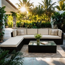 6 Seater Rattan Garden Corner Sofa Set Outdoor Table Stools Soft Cushions Patio