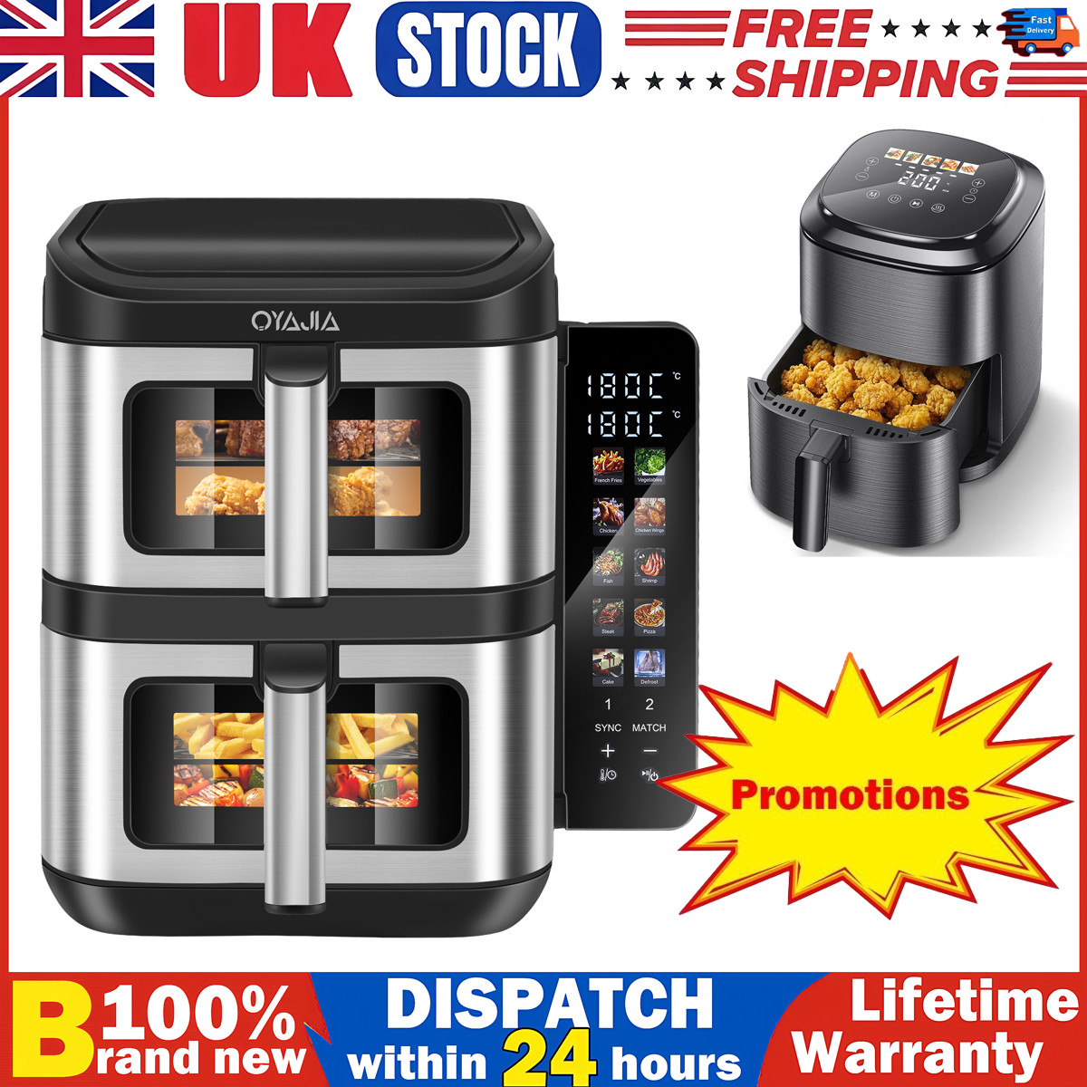 11L Dual Zone Digital Air Fryer Oven Cooker Oil Free LowFat Rapid Kitchen XXL