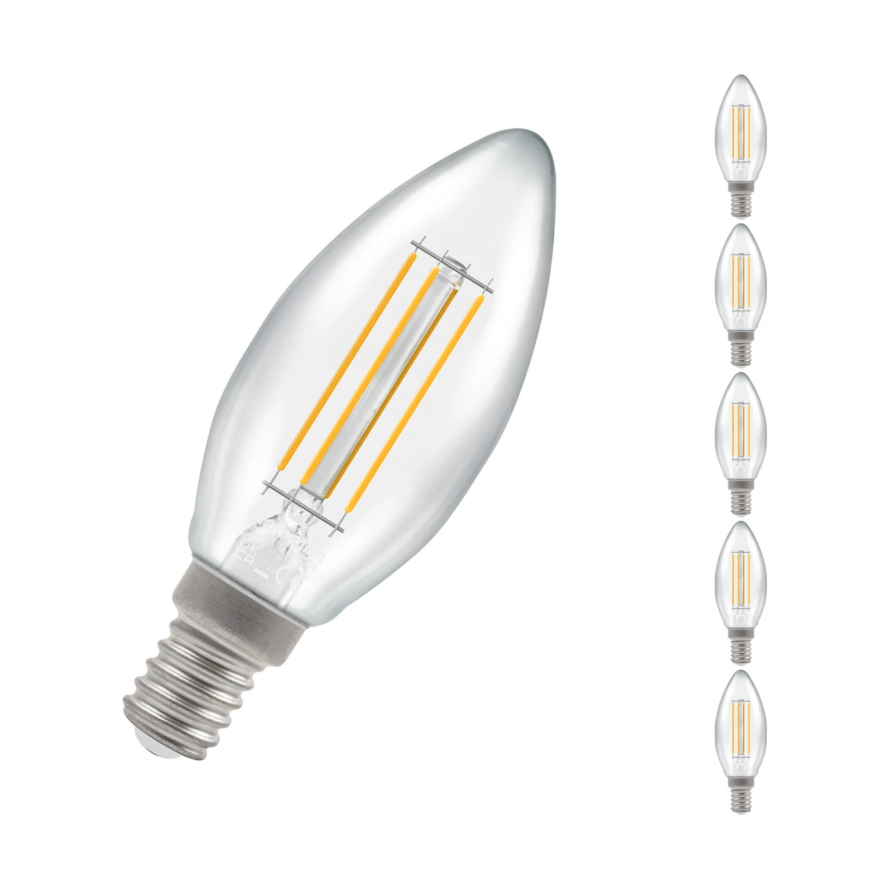 Crompton Lamps 5-Pack Crompton Candle LED Light Bulbs E14 4.2W (40W Eqv) Dim Warm White Clear Filament Small Screw