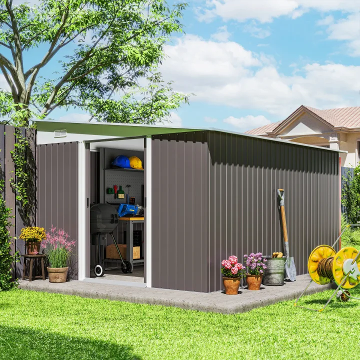 11.3 x 9.2ft Lean to Metal Garden Shed, Outdoor Galvanised Tool Storage House with Double Sliding Doors and 2 Air Vents