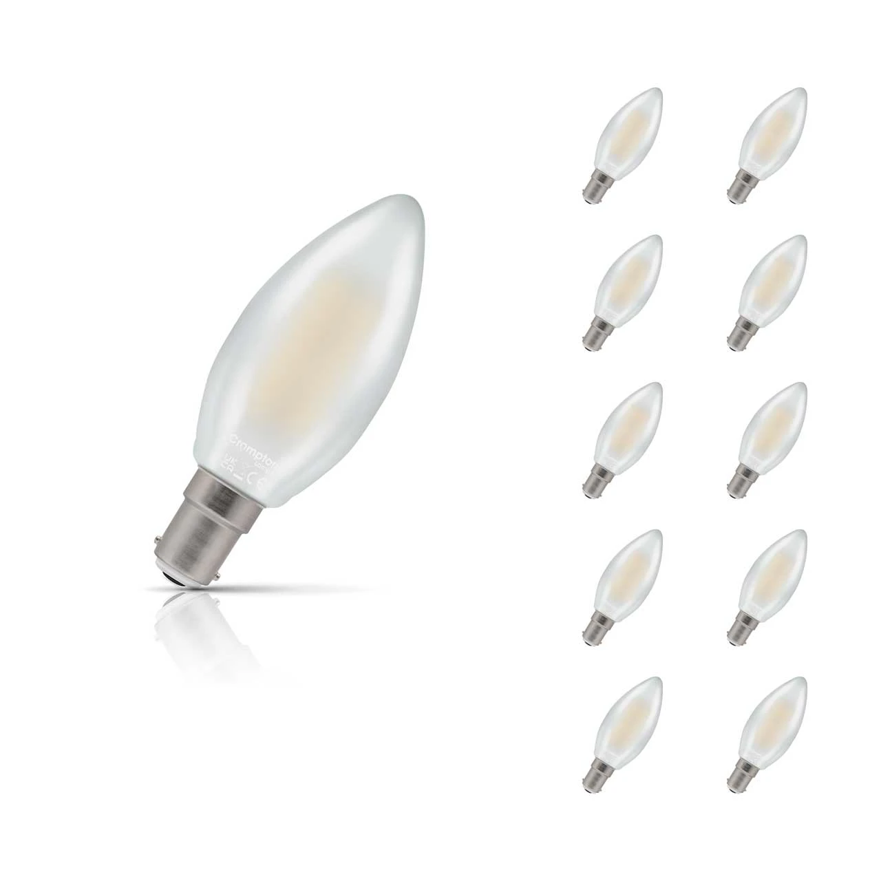 Crompton Lamps 10-Pack Crompton Candle LED Light Bulbs B15 4.2W (40W Eqv) Dim Warm White Pearl Filament Small Bayonet Frosted