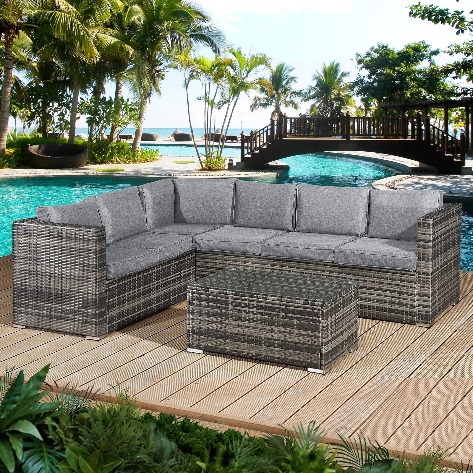 Oseasons Acorn Rattan 6 Seat Garden Outdoor Corner Sofa Set in Walnut