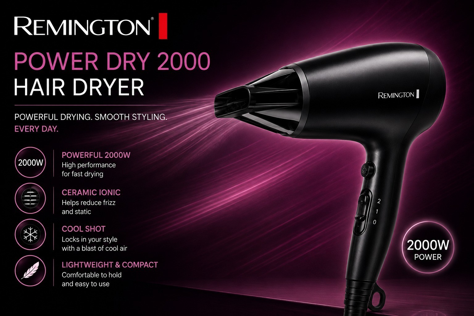 Remington Powerful Ceramic Ionic Hair Dryer 2000 W - Black (D3010 )